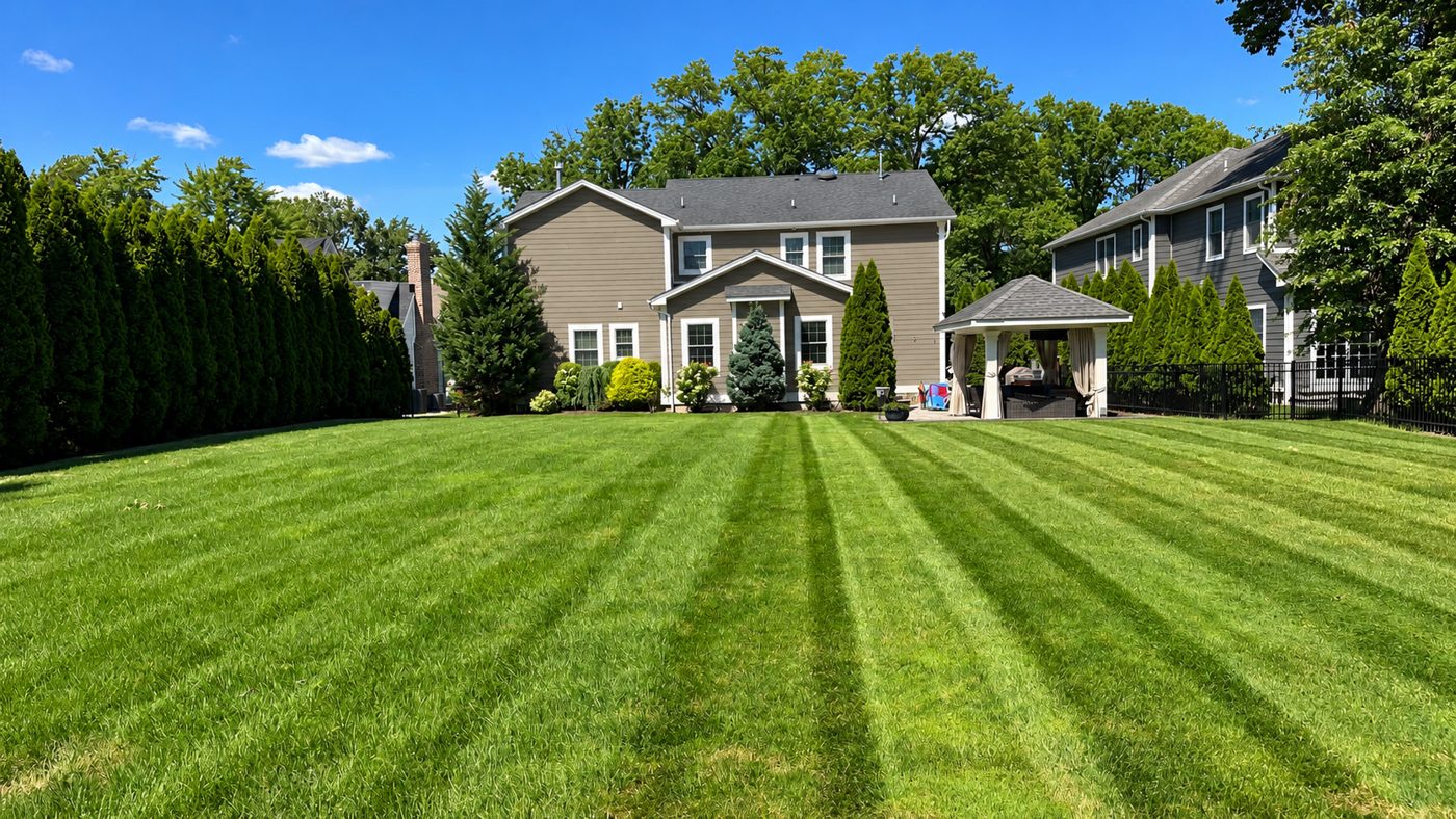 Backyard lawn with mowing stripes