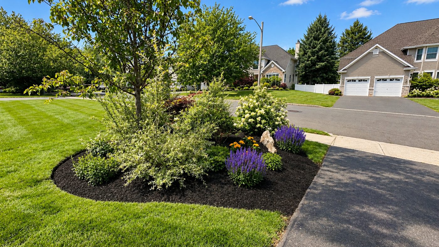 Mulch bed with plants and a trimmed lawn edge
