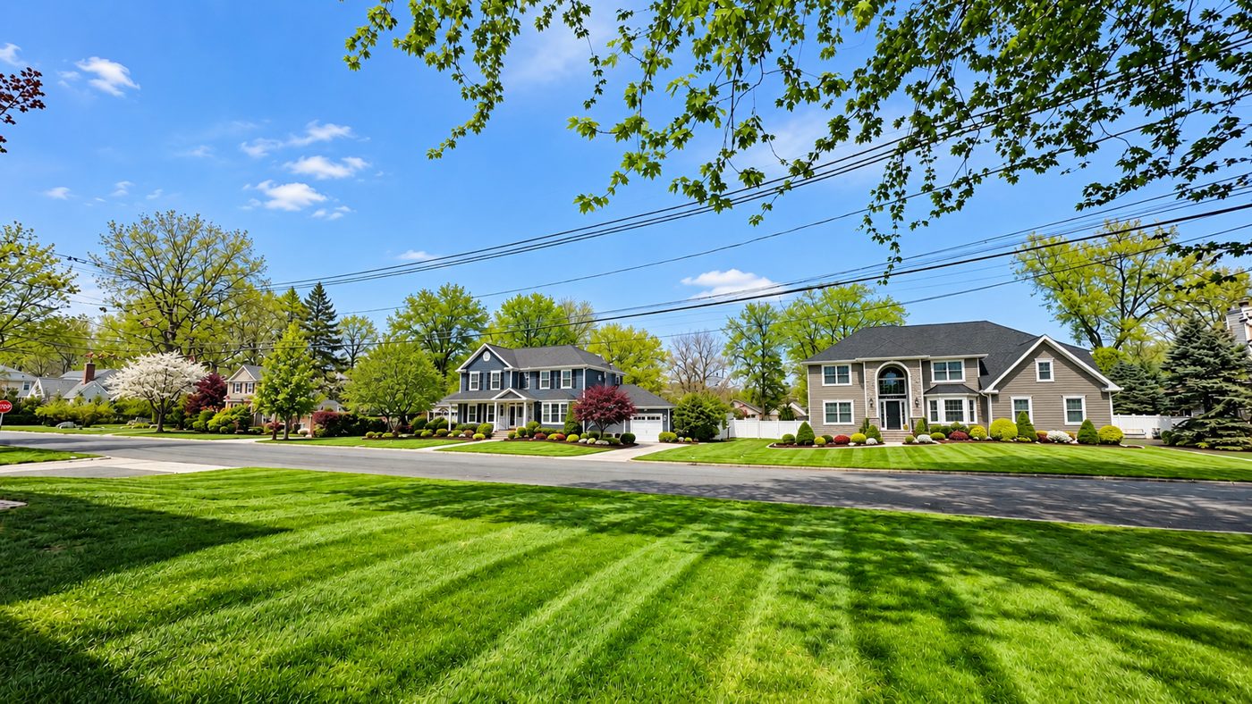 Front lawns along a neighborhood street